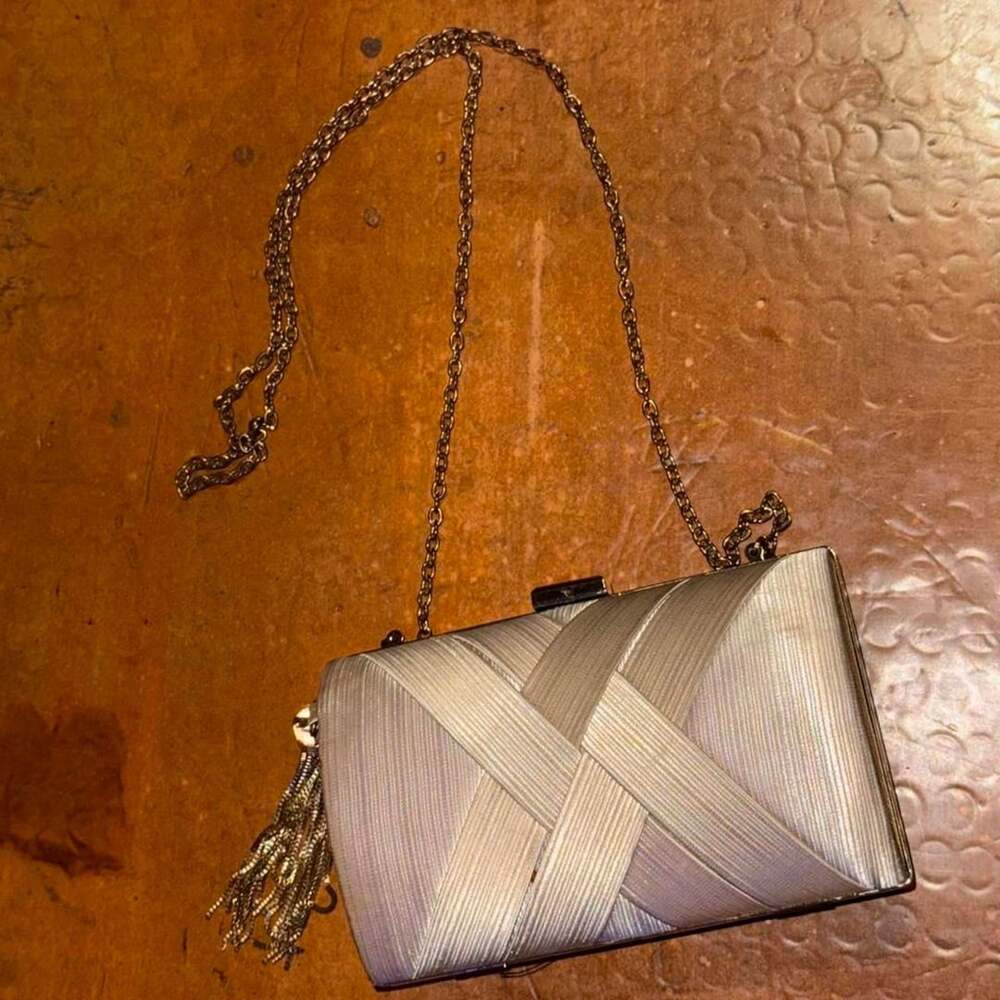 Marciano Evening Clutch Champagne Satin Tassel Gold Chain